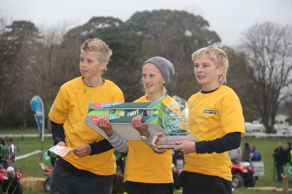 AgriKids winner: AgriKids David Olsen, Zoe Cook and Ben Cook receive their prizes in front of a packed Grand Stand at Solway A&P Showgrounds.